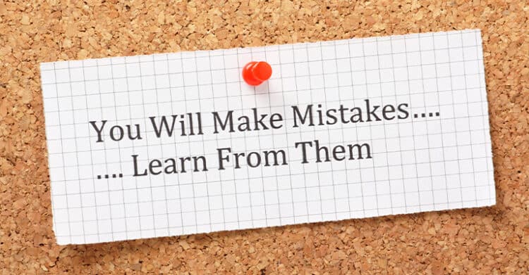 A piece of grid paper pinned to a corkboard with a red pushpin reads You Will Make Mistakes Learn From Them in black text. The pinned note emphasizes learning from errors as part of growth and improvement.