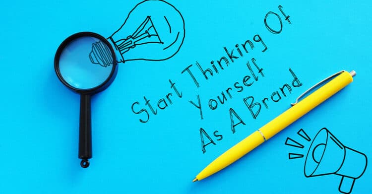 Personal Branding Strategy: Build a Brand That Opens Doors 3 A flat lay on a bright blue background shows a magnifying glass, a yellow pen, and simple hand drawn icons including a light bulb and megaphone. The handwritten text reads Start Thinking Of Yourself As A Brand, reinforcing the idea of personal branding, self reflection, and marketing yourself intentionally.