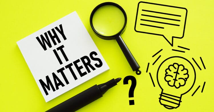 Personal Branding Strategy: Build a Brand That Opens Doors 4 A flat lay on a bright yellow background shows a notepad with the text WHY IT MATTERS alongside a magnifying glass, marker, question mark, and light bulb illustration. The image emphasizes understanding purpose, clarity, and the importance behind an idea or decision.