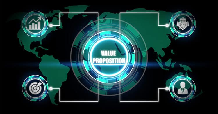 Personal Branding Strategy: Build a Brand That Opens Doors 6 A dark digital world map graphic centers on a glowing circle labeled Value Proposition, with connected icons around it. The surrounding symbols represent growth, targeting, partnerships, and customer profiles, showing how a value proposition connects different parts of a business strategy.