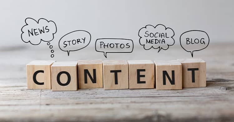 Personal Branding Strategy: Build a Brand That Opens Doors 8 Wooden letter blocks on a table spell the word CONTENT, with hand drawn speech bubbles above them reading news, story, photos, social media, and blog. The image illustrates different types of content coming together as part of a broader content creation or content marketing strategy.