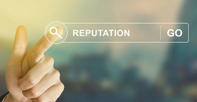A hand pointing to a digital search bar with the word "Reputation" and a search icon.