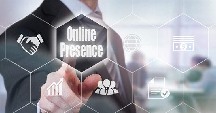 A person pointing to a digital hexagon with the words "Online Presence," surrounded by icons representing business and communication.