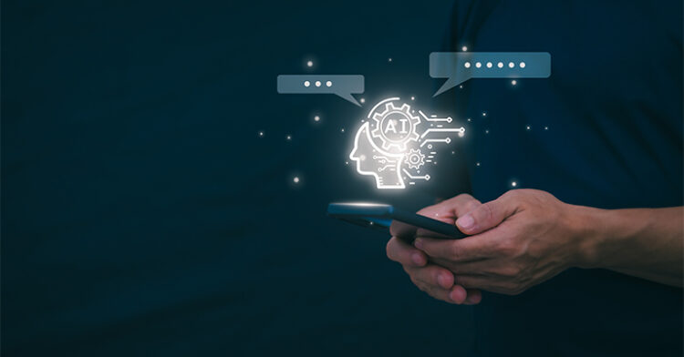 A person holding a smartphone with glowing AI and chatbot icons, symbolizing technology and artificial intelligence in communication.