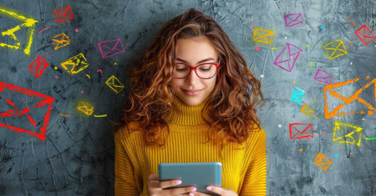 A young woman in a yellow sweater reading a tablet, surrounded by colorful, illustrated email icons against a gray textured background.