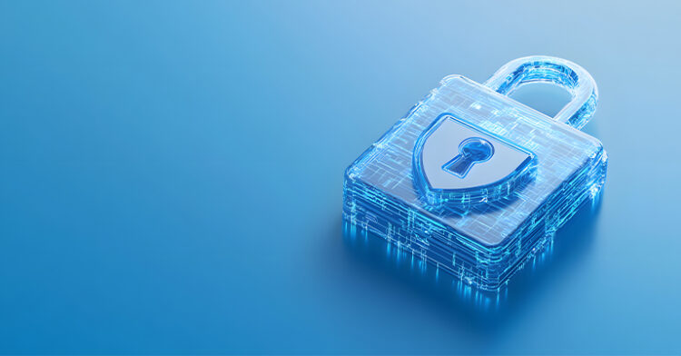 A glowing, futuristic digital padlock symbolizing online security and data protection on a gradient blue background.