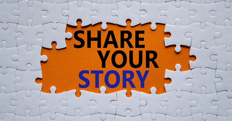 White puzzle pieces surrounding the phrase "Share Your Story" on an orange background.