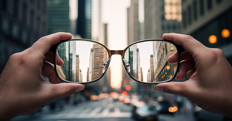 Hands holding eyeglasses with a clear view of a city street, contrasting with a blurred background.