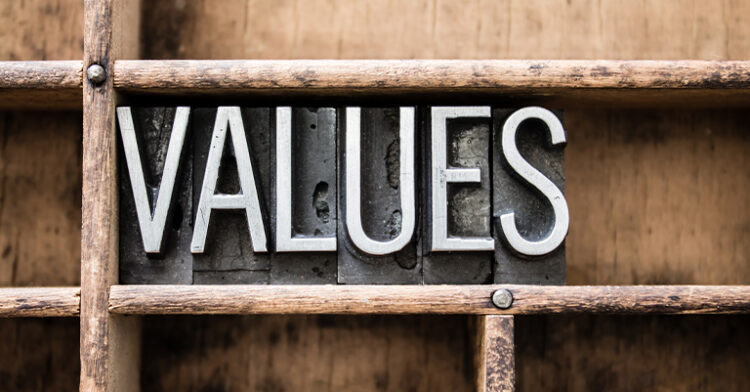 Metal letters spelling out "VALUES" placed in a wooden type case.