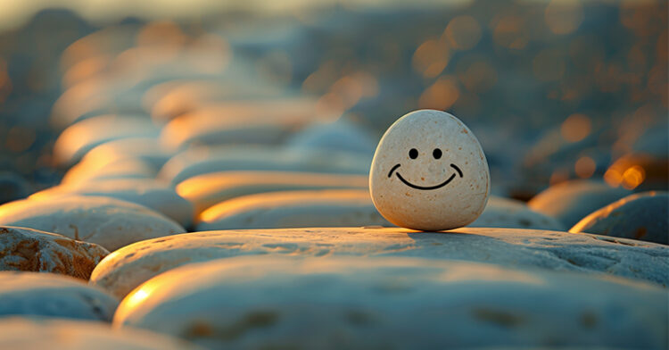 Smooth pebble with a smiley face drawn on it, sitting on a sunlit path of stones.