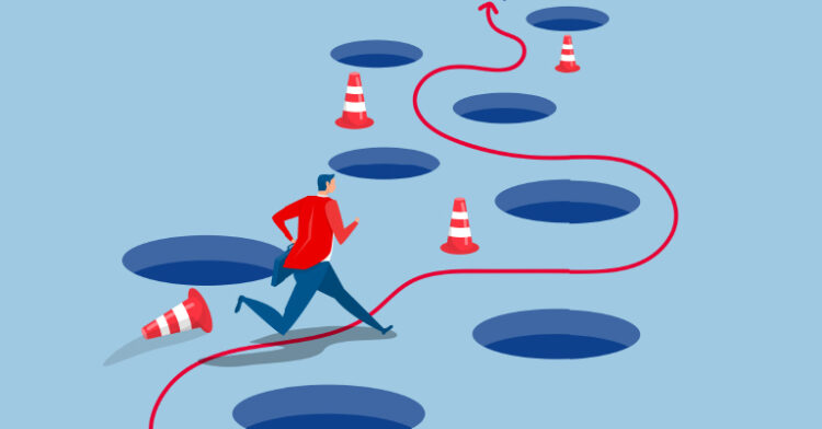 Illustration of a person navigating a winding path filled with potholes and cones.