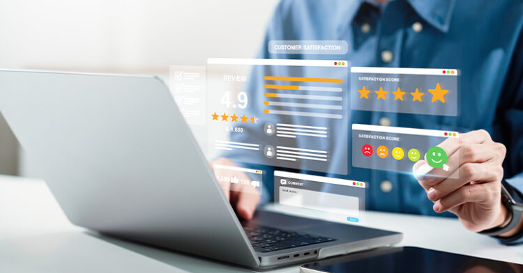 A person using a laptop, surrounded by floating digital interfaces showing customer reviews, ratings, and satisfaction scores.
