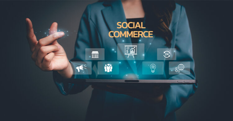 Social Commerce 101: How to Sell on Social Media 3 Businesswoman holding a tablet with virtual icons representing social commerce and digital marketing.