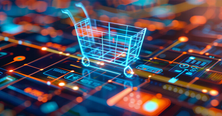 Social Commerce 101: How to Sell on Social Media 4 Digital shopping cart icon on a futuristic virtual interface, symbolizing online shopping and e-commerce.
