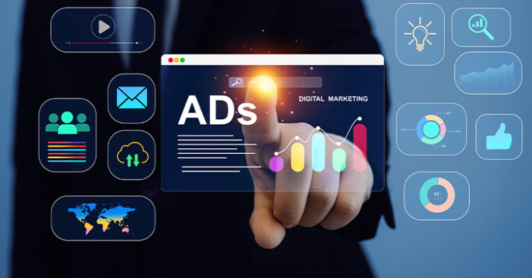 Social Commerce 101: How to Sell on Social Media 8 Businessperson interacting with a digital interface displaying "Ads" and various digital marketing icons.