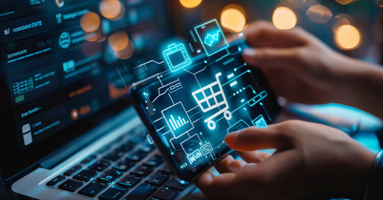 Social Commerce 101: How to Sell on Social Media 10 Hands holding a smartphone with a digital shopping cart icon and e-commerce graphics, symbolizing online shopping.