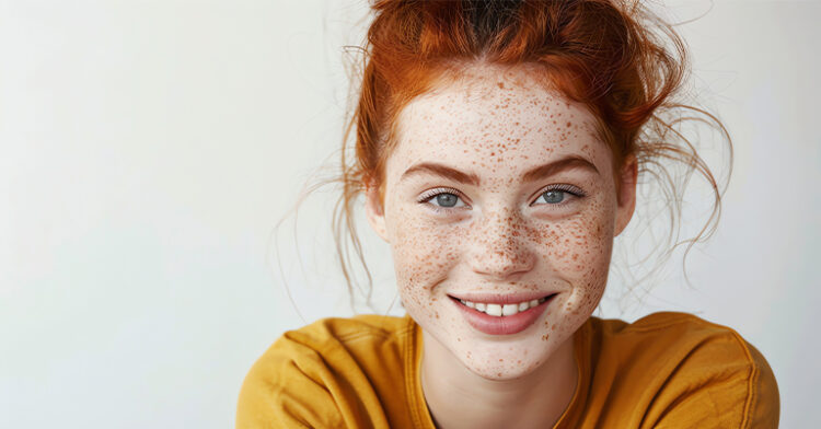 A smiling red-haired woman with freckles, wearing a mustard-colored top, against a simple light background.