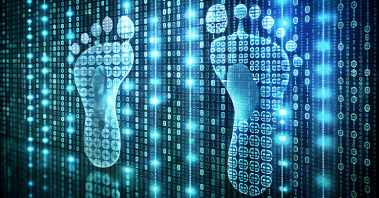 Two digital footprints made of binary code, glowing against a dark background, symbolizing online presence and data tracking.