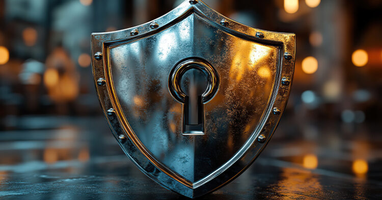 A metallic shield with a keyhole at its center, glowing under warm light, symbolizing security and protection.