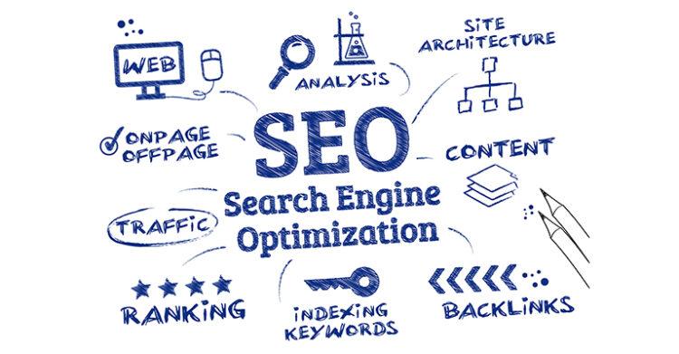 SEO Best Practices Every Beginner Should Follow 3 Hand drawn blue SEO diagram centered on the words "SEO" and "Search Engine Optimization" with surrounding labels "WEB" "ANALYSIS" "SITE ARCHITECTURE" "ONPAGE OFFPAGE" "CONTENT" "TRAFFIC" "RANKING" "INDEXING KEYWORDS" and "BACKLINKS". The sketch visually summarizes major SEO Best Practices and the different elements involved in optimizing a website.