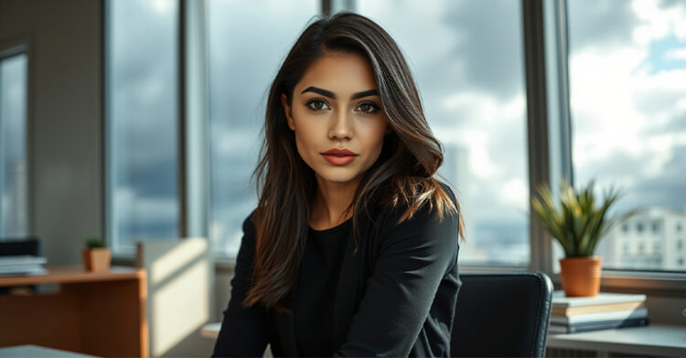 A confident young woman in a professional setting with large windows and a modern office backdrop, exuding professionalism and poise.