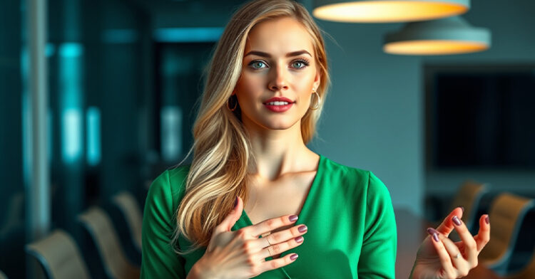 A confident blonde woman in a green dress speaking in a modern conference room, exuding charisma and professionalism.