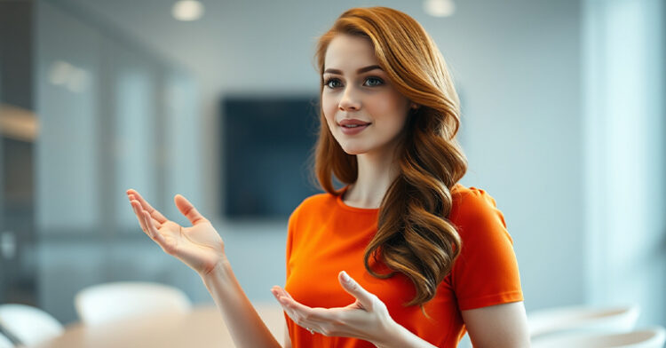 A confident red-haired woman in an orange top speaking in a modern meeting room, expressing clarity and engagement.