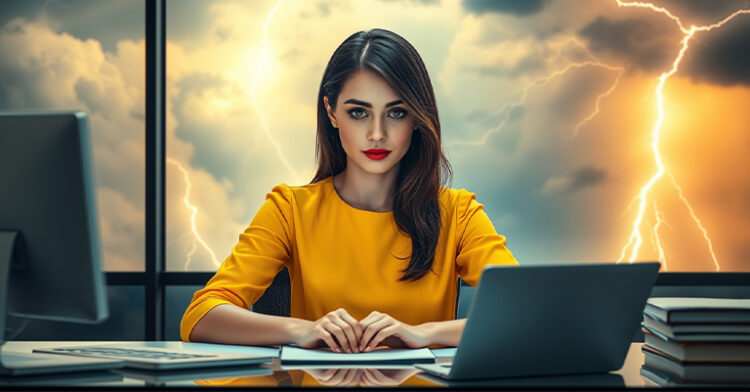 A confident woman in a yellow blouse sitting at a desk with a laptop, framed by stormy clouds and lightning outside the window.