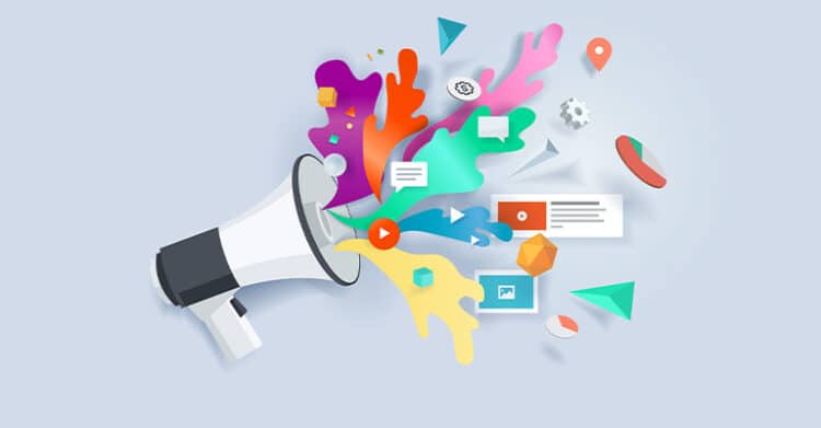 Illustration of a megaphone projecting vibrant icons and shapes representing social media promotion, including chat bubbles, play buttons, images, and analytics symbols. The colorful burst symbolizes dynamic digital communication and content sharing across platforms.