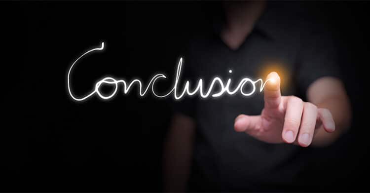 A person’s finger touches the glowing word “Conclusion” written in a flowing script on a dark background, symbolizing the end or summary of a topic. This image effectively represents the final thoughts or wrap-up section of a discussion on social media promotion.