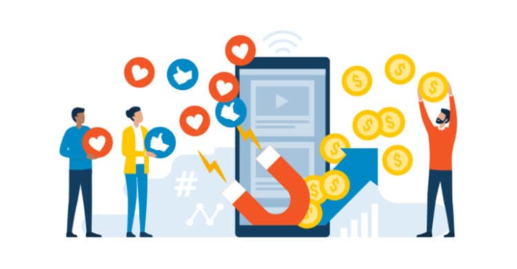 Illustration of people interacting with social media icons like hearts and thumbs-up around a large smartphone, while a magnet pulls in coins, symbolizing the revenue potential of social media promotion. A rising arrow and digital analytics icons emphasize growth and engagement-driven monetization.