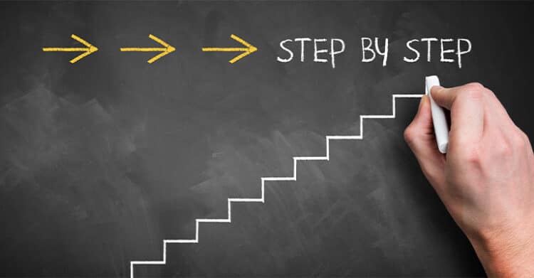 A hand draws staircase steps on a chalkboard next to yellow arrows and the words "STEP BY STEP," symbolizing gradual progress or a methodical approach. The image visually represents building success through consistent effort, fitting for step-by-step social media promotion strategies.