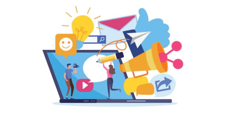 Colorful illustration of people creating and sharing digital content emerging from a laptop screen, surrounded by icons like a megaphone, light bulb, paper planes, chat bubbles, and a play button. This image visually represents the creative and interactive elements of social media promotion.