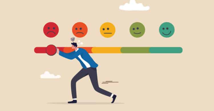 Illustration of a frustrated man pushing a red marker under a frowning face on a satisfaction scale that ranges from sad to happy emojis. The image conveys the struggle to improve feedback or results, relevant to efforts in boosting audience sentiment through social media promotion.