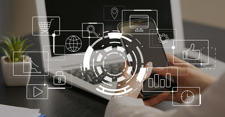 Person using a smartphone with digital marketing and analytics icons overlaying the image.