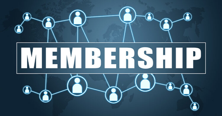 Membership network concept with interconnected user icons and bold text on a digital background.
