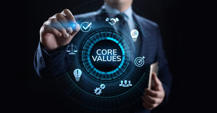 Business professional interacting with a holographic "Core Values" interface.