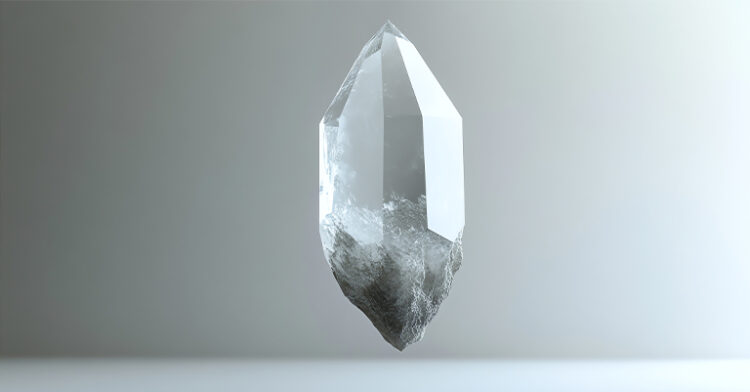 A transparent quartz crystal with rough edges floating in mid-air against a soft gradient background.