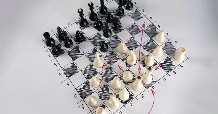 Chessboard with white and black pieces mid-game, overlaid with red strategy arrows on a hand-drawn board.