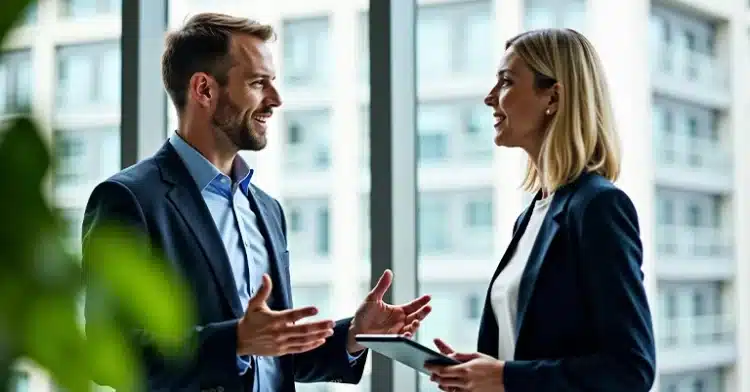 A professional man and woman in business attire engaging in a friendly conversation near a large window with a cityscape view.