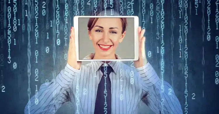 How to Manage Your Online Identity: The Ultimate Guide 4 Woman holding a tablet with a smiling face over her own, surrounded by falling digital code representing data or cyberspace.