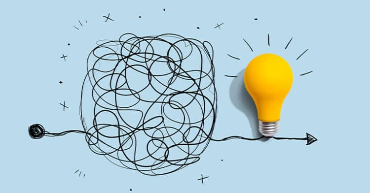 A tangled black scribble leads to a glowing yellow lightbulb on a blue background, symbolizing clarity emerging from marketing complexity.