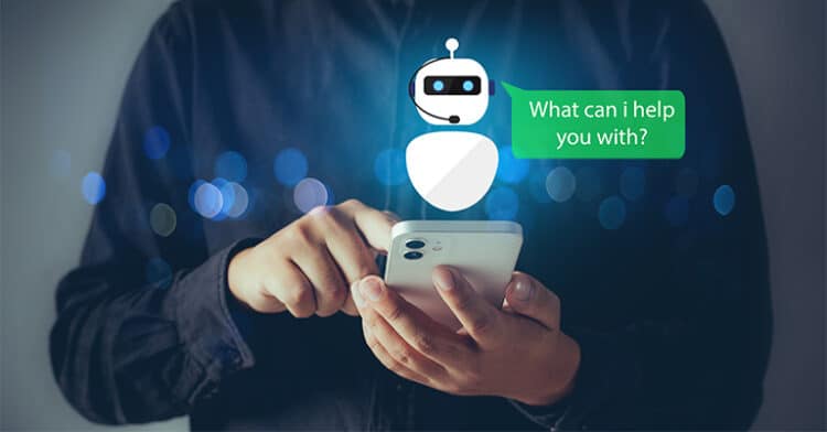 Person using a smartphone receives a message from a chatbot asking, “What can I help you with?” highlighting AI-based customer service interaction.