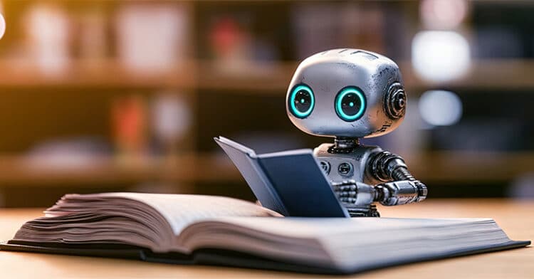 Cute robot with glowing blue eyes sits at a table in a library, reading a book and flipping pages like a curious student learning something new.