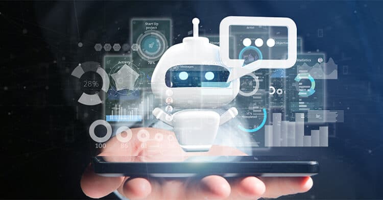 A digital chatbot icon floats above a smartphone, surrounded by transparent data dashboards and charts, symbolizing AI-driven communication tools.