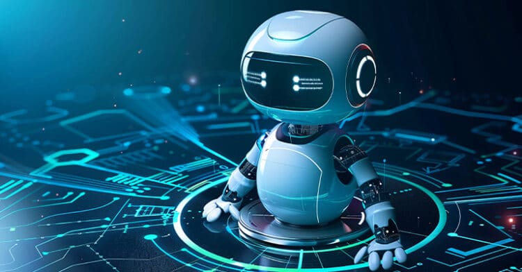 A sleek, futuristic chatbot robot sits on a glowing circular interface surrounded by digital circuitry in a high-tech, neon-lit environment.