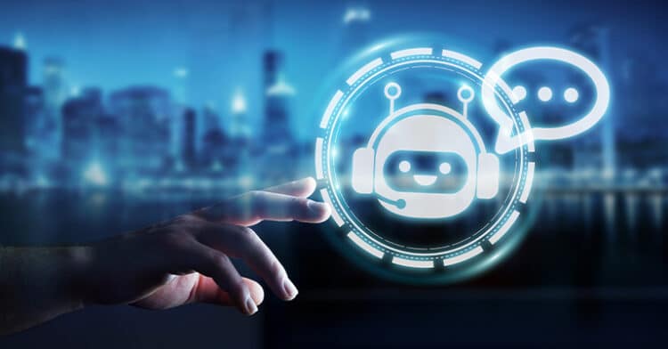A glowing digital chatbot icon with a headset floats above a city skyline, as a hand reaches out to interact with the virtual assistant.