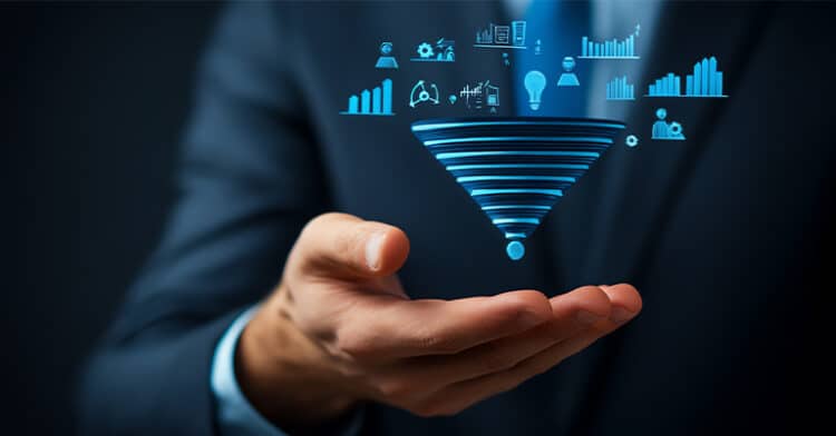 A business professional holds a digital marketing funnel hologram, featuring icons for analytics, lightbulb ideas, and audience targeting strategies.