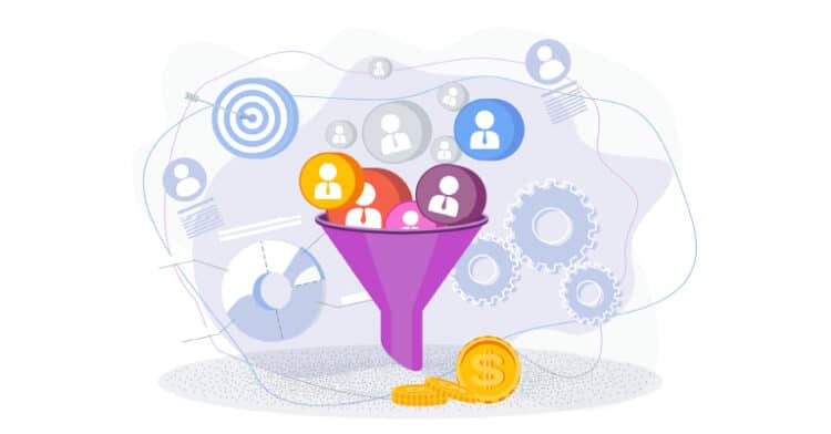 Illustration of a purple sales funnel filtering customer icons, with gears, charts, and a dollar sign symbolizing marketing, conversion, and revenue growth.