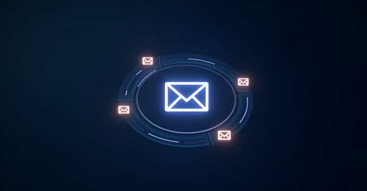 Glowing envelope icons arranged in a digital circular interface against a dark background, representing email automation and smart messaging.